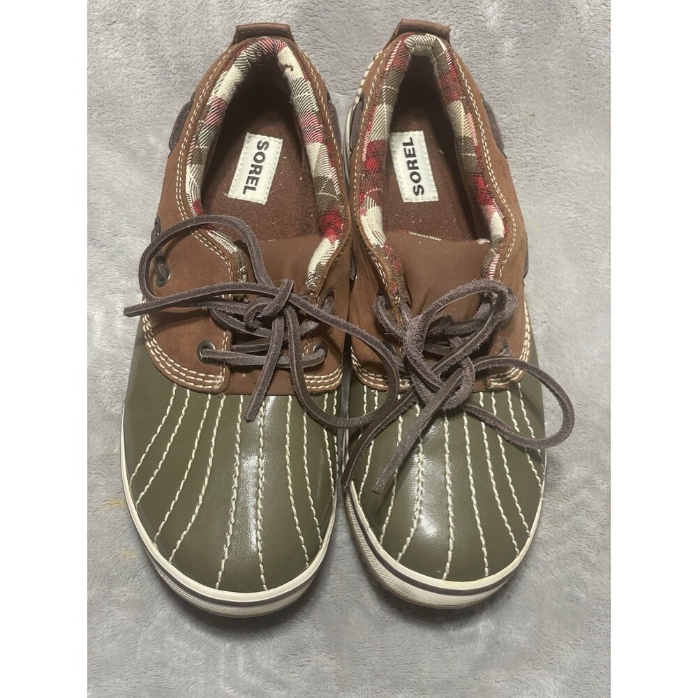 Sorel Tivoli Rain Duck Shoes Waterproof Green, Brown & Plaid Low Cut Women’s 8